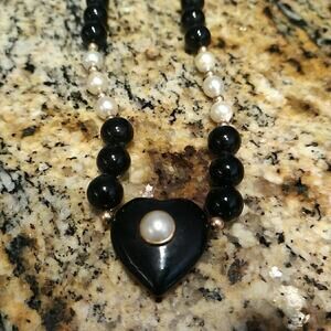 Onyx Pearl 14K Gold Fine Jewelry Beaded Heart Necklace